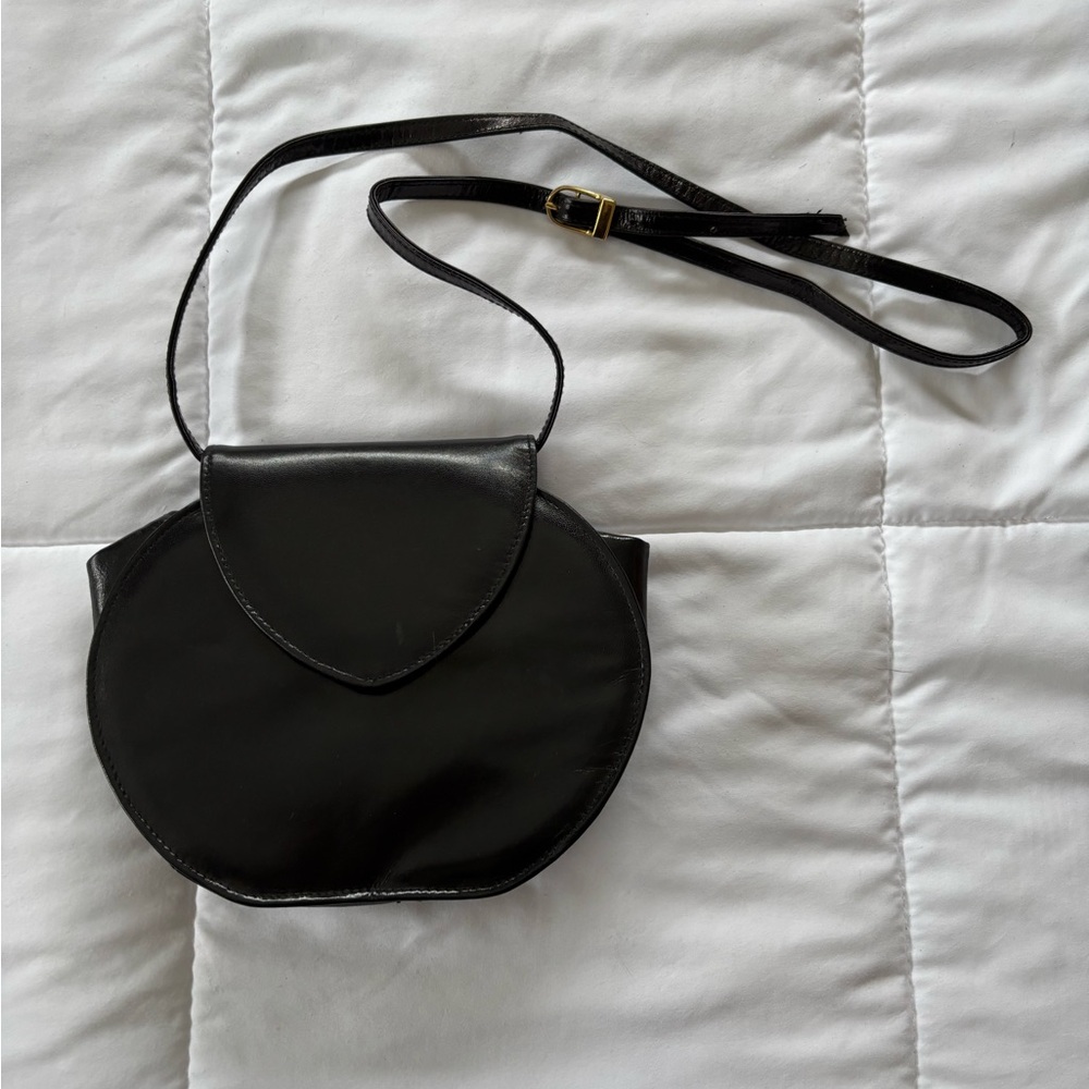 Vintage 90s Black Leather Mini Crossbody Bag Rounded Flap Minimalist
